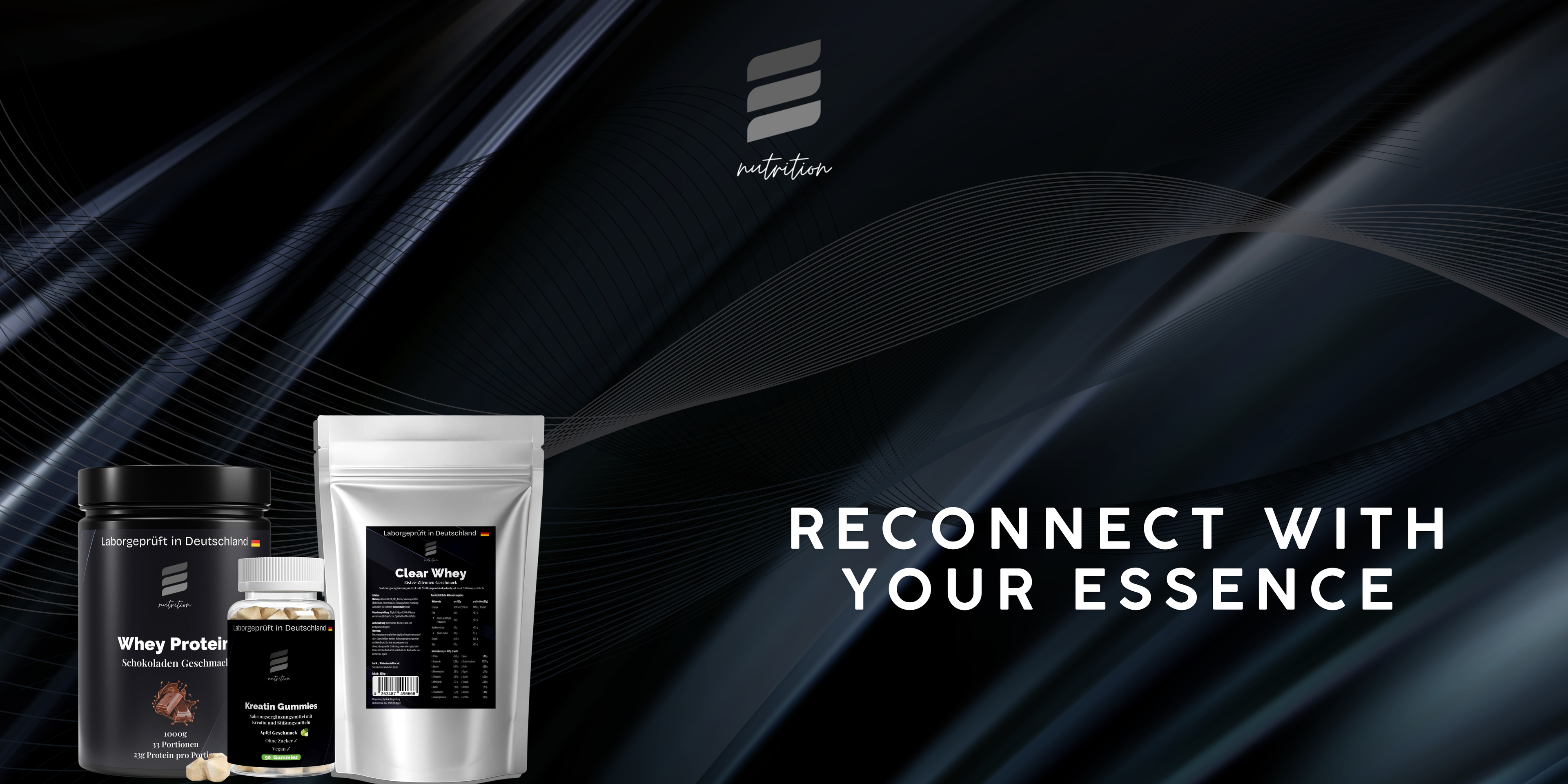 Elegantes Werbebanner der Supplement-Marke Essencelab mit Whey Protein, Kreatin-Gummies und Clear Whey vor einem dunklen, futuristischen Hintergrund. Der Slogan ‚Reconnect with your essence‘ steht rechts in moderner Typografie