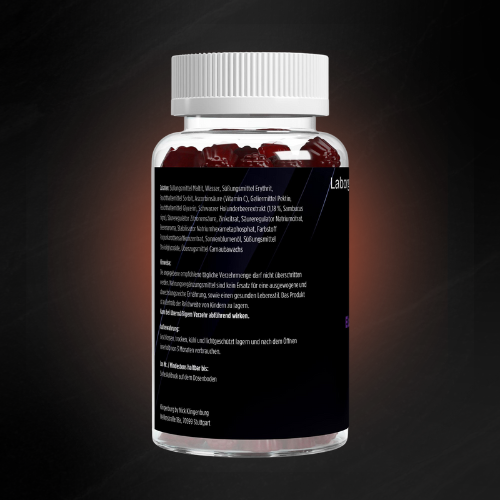 Rückseite einer transparenten Dose mit roten Holunder-Gummies, schwarzes Etikett mit Zutatenliste, Hinweisen zur Einnahme, Aufbewahrung und Mindesthaltbarkeitsangaben; modernes, minimalistisch gehaltenes Design.