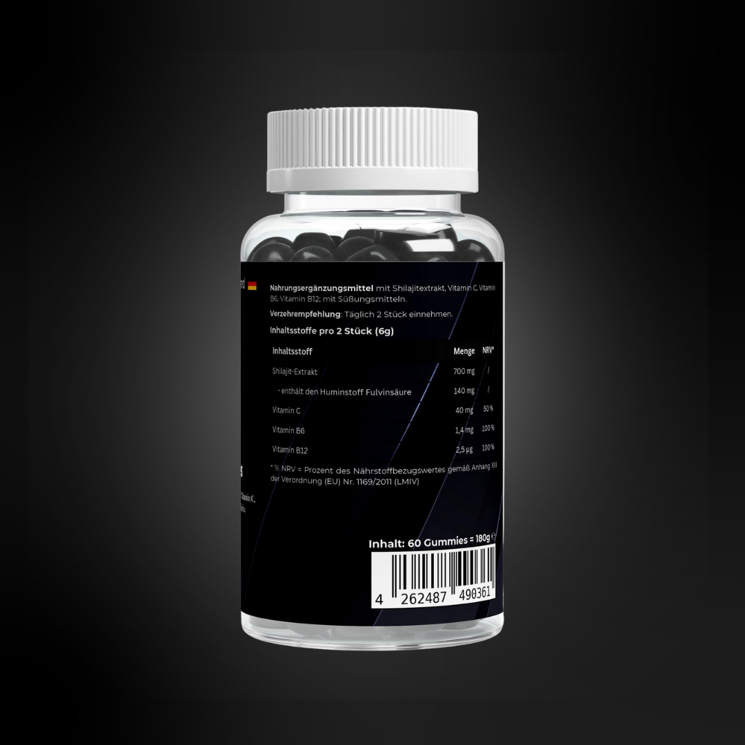 Rückseite einer transparenten Dose mit schwarzen Shilajit-Gummies, schwarzes Etikett mit Inhaltsstofftabelle (u. a. Shilajit-Extrakt, Vitamin C, Vitamin B6, Vitamin B12), Verzehrempfehlung, Mengenangaben und Barcode; modernes, minimalistisches Design.