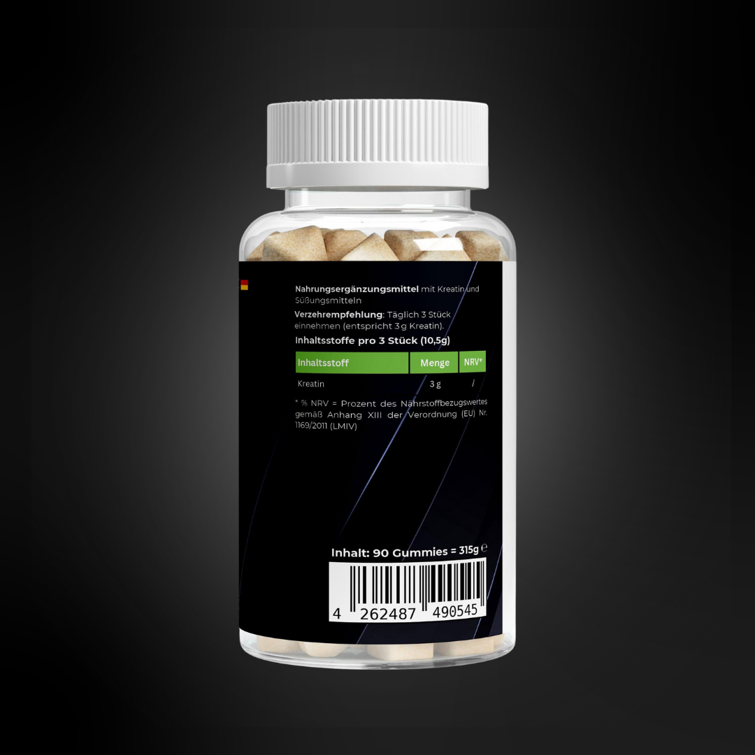 Rückseite einer transparenten Kreatin-Gummies-Dose, schwarzes Etikett mit Angaben zur Verzehrempfehlung, Inhaltsstofftabelle (3 g Kreatin pro 3 Gummies) sowie Barcode und Mengenangabe; moderne, klare Gestaltung.