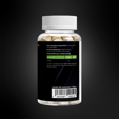 Rückseite einer transparenten Kreatin-Gummies-Dose, schwarzes Etikett mit Angaben zur Verzehrempfehlung, Inhaltsstofftabelle (3 g Kreatin pro 3 Gummies) sowie Barcode und Mengenangabe; moderne, klare Gestaltung.