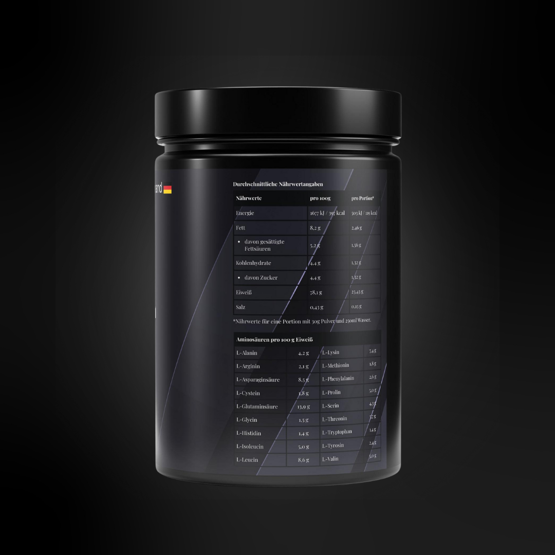 Rückseite einer schwarzen Whey-Protein-Dose mit einer übersichtlichen Nährwerttabelle und Aminosäurenprofil; dunkles, modernes Verpackungsdesign mit feinen grafischen Linien.