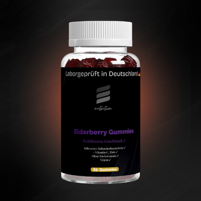 Transparente Dose mit roten Elderberry-Gummies, schwarzes Etikett mit Aufdruck „Laborgeprüft in Deutschland“, Markenlogo, Produktname sowie Angaben zu Waldbeeren-Geschmack, Holunderbeerenextrakt, Vitamin C, Zink, ohne Zuckerzusatz und vegan; 60 Gummies pro Dose.